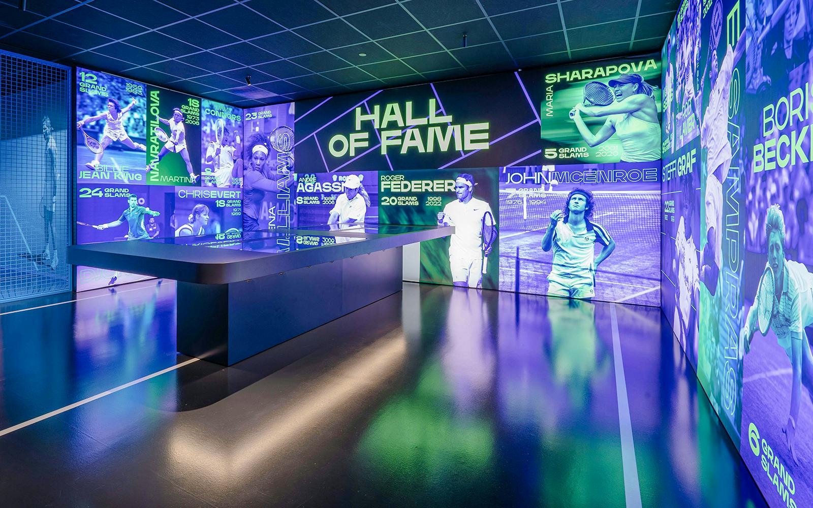 Hall of Fame exhibit at Rafa Nadal Museum featuring tennis legends.