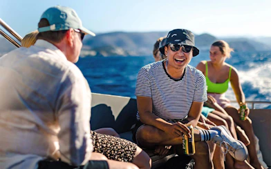 Group enjoying a boat ride on the Adriatic Sea near Dubrovnik, Croatia.