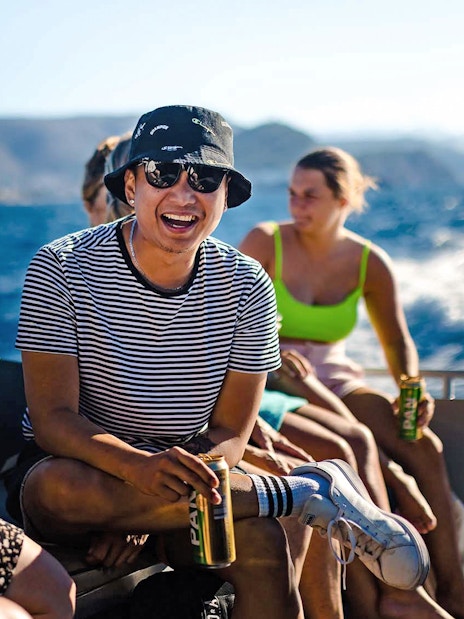 Group enjoying a boat ride on the Adriatic Sea near Dubrovnik, Croatia.