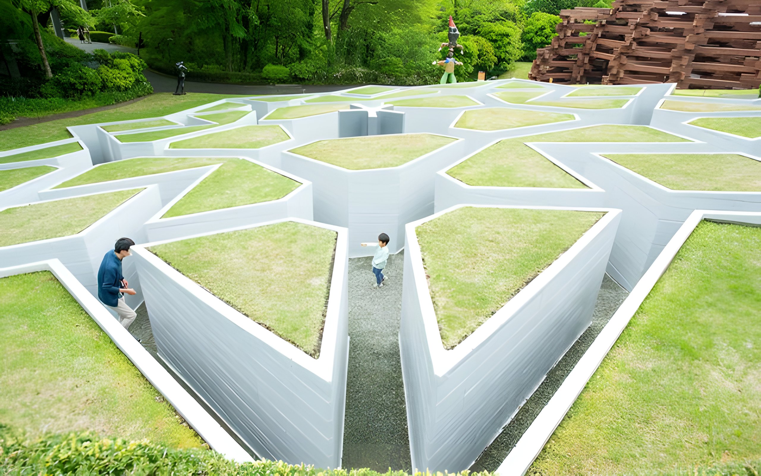 Visitors exploring a geometric maze at The Hakone Open-Air Museum, Japan.