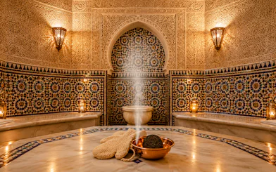 Traditional Moroccan hammam interior with mosaic tiles and steam, Tangier.