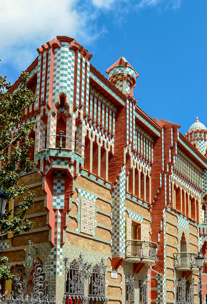 Casa Vicens facade with colorful tiles and intricate designs, Barcelona.