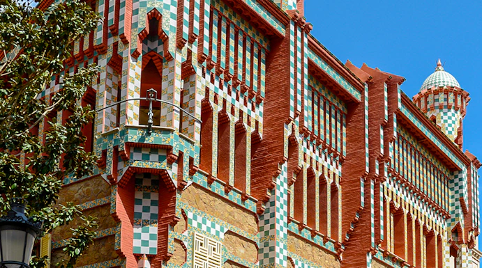 Casa Vicens facade with colorful tiles and intricate designs, Barcelona.