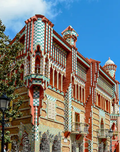 Casa Vicens facade with colorful tiles and intricate designs, Barcelona.