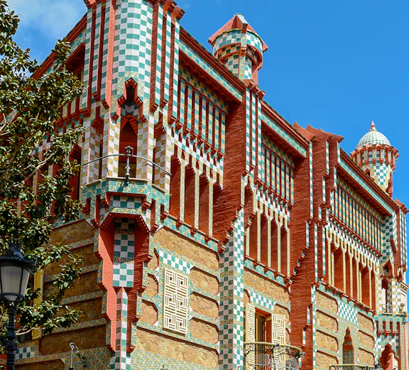 Casa Vicens facade with colorful tiles and intricate designs, Barcelona.