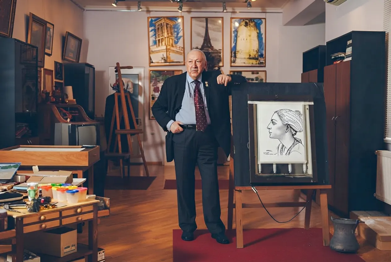 Man standing in art-filled room at House-Museum of Tahir Salahov, Baku, with portrait on easel.