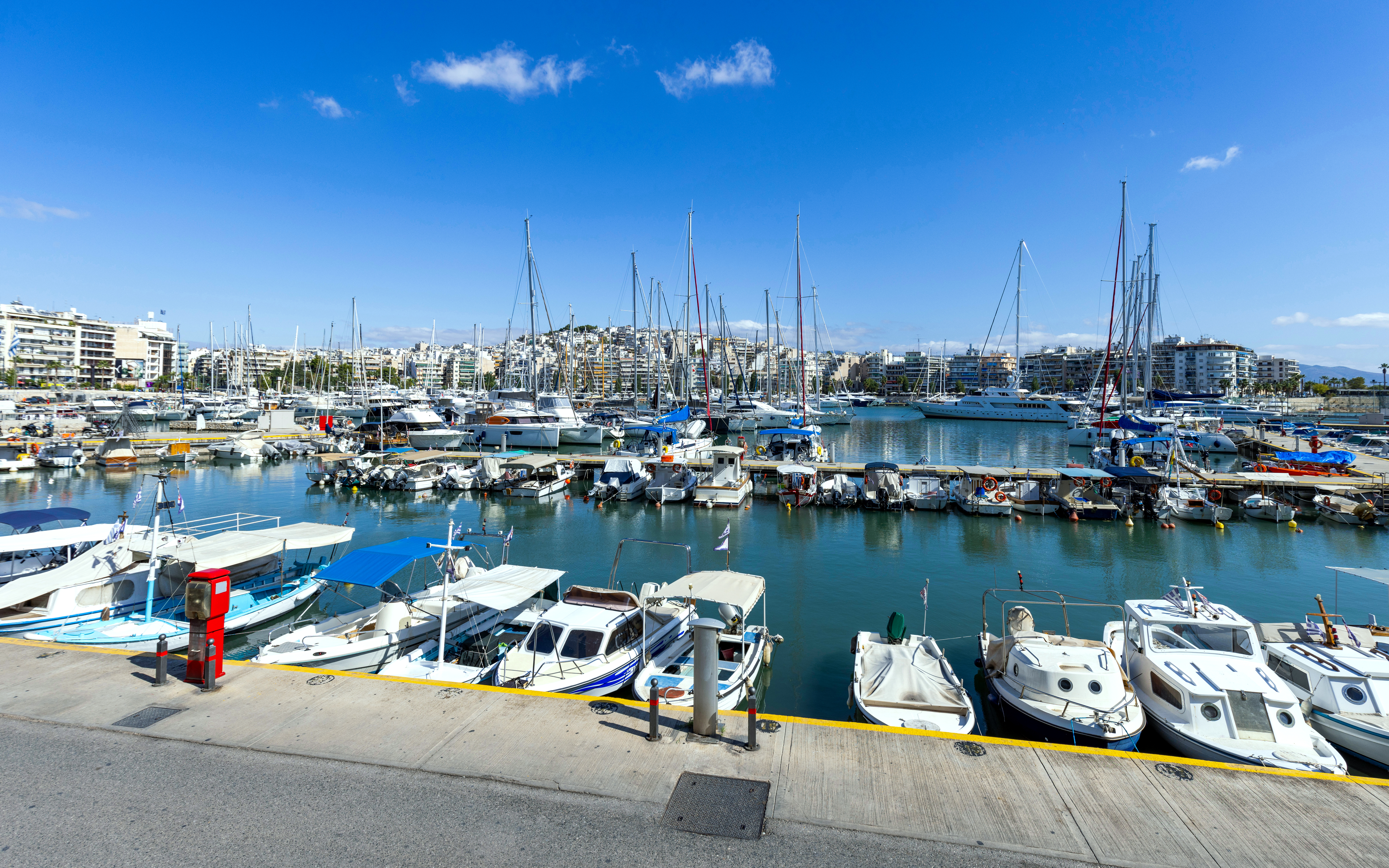 Moored yachts in the Bay of Zea, Piraeus, Athens, Greece.