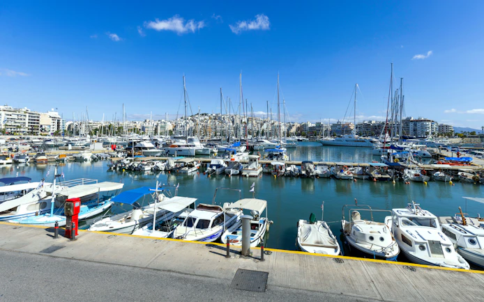 Moored yachts in the Bay of Zea, Piraeus, Athens, Greece.