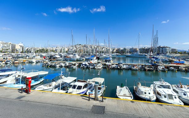 Moored yachts in the Bay of Zea, Piraeus, Athens, Greece.