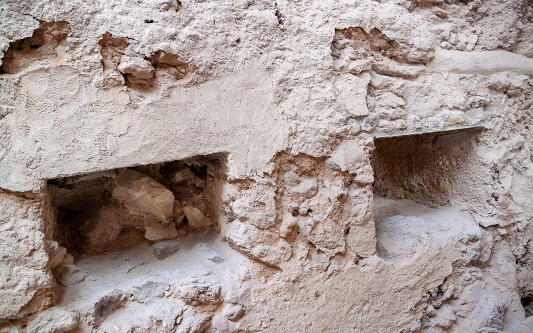 Ancient wall structure at Akrotiri Archaeological Site, Santorini.