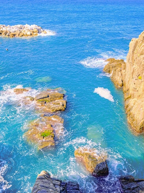 Rocky coastline and clear blue sea in Cinque Terre, Italy, viewed from a cliff.