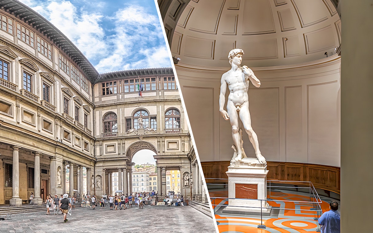 Uffizi Gallery courtyard and Michelangelo's David at Accademia in Florence.