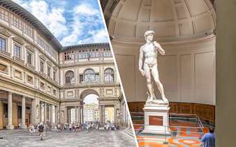 Uffizi Gallery courtyard and Michelangelo's David at Accademia in Florence.