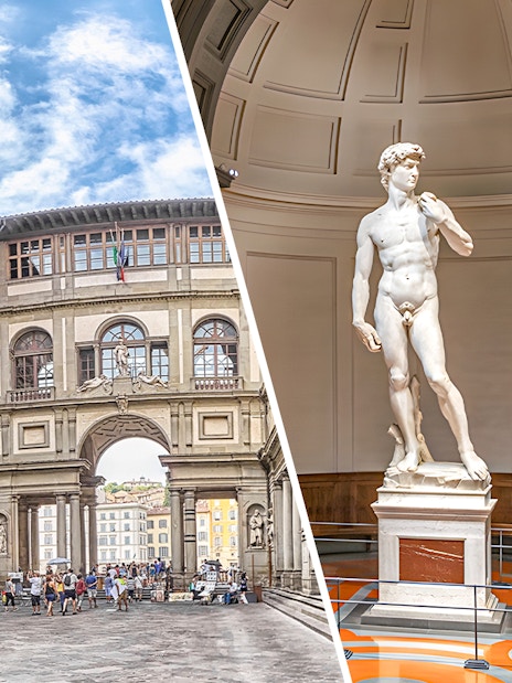 Uffizi Gallery courtyard and Michelangelo's David at Accademia in Florence.
