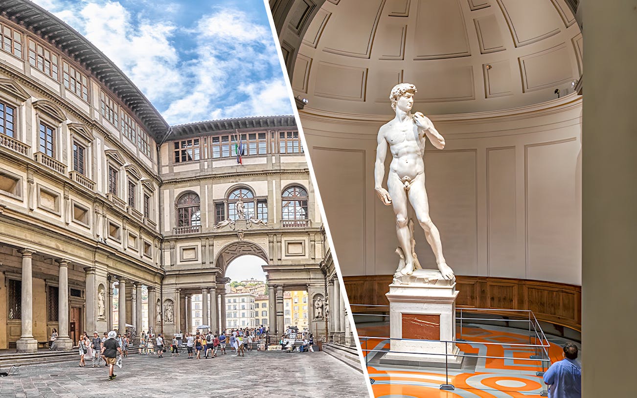 Uffizi Gallery courtyard and Michelangelo's David at Accademia in Florence.