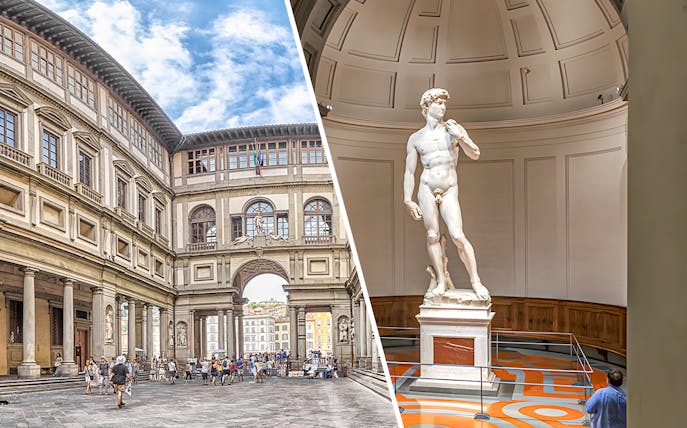 Uffizi Gallery courtyard and Michelangelo's David at Accademia in Florence.