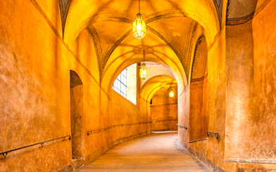 Ancient passageway with arched ceilings in Cesky Krumlov Castle, Czech Republic.