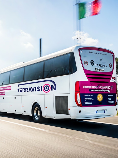 Terravision bus on highway, Fiumicino Airport to Rome Termini transfer.