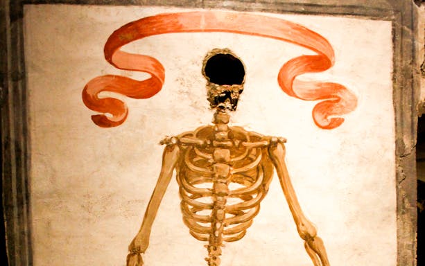 Skeleton mural in Catacombs of San Gaudioso, Naples, Italy.
