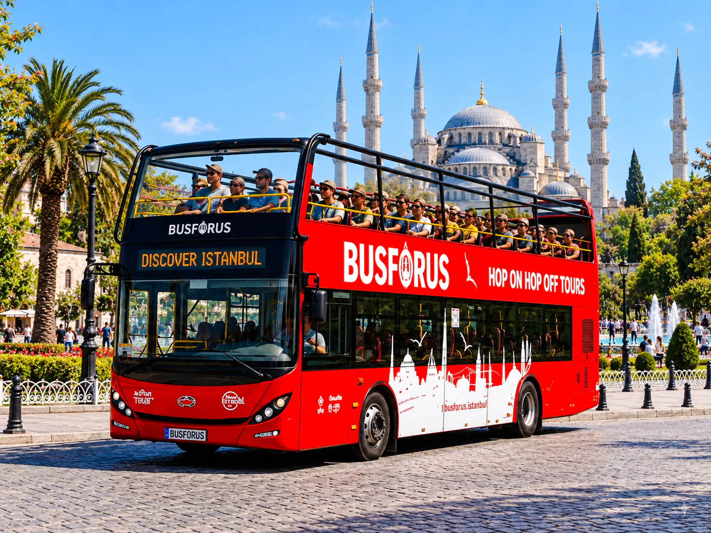 Open-top tour bus near the Blue Mosque in Istanbul.