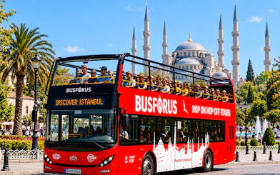 Open-top tour bus near the Blue Mosque in Istanbul.