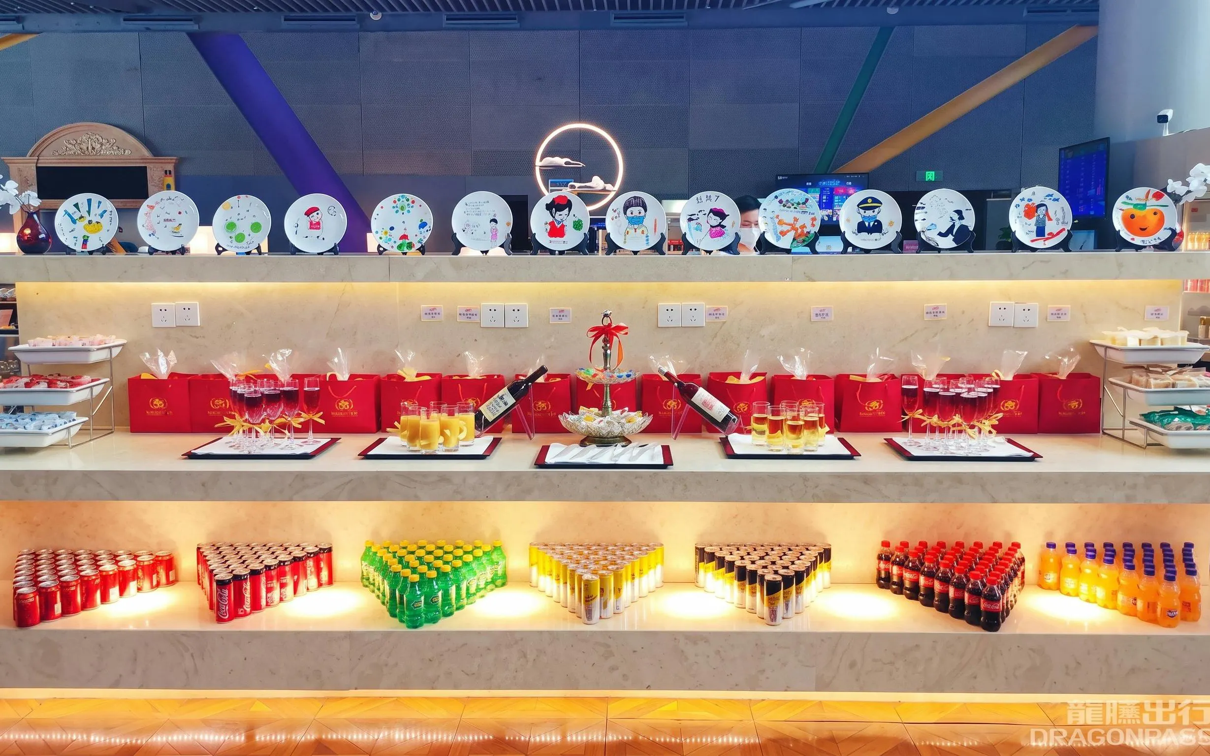 Refreshment display at Shanghai Hongqiao International Airport Terminal 2 with drinks and snacks.
