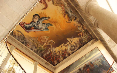Ceiling mural depicting historical scene inside Chapultepec Castle, Mexico City.