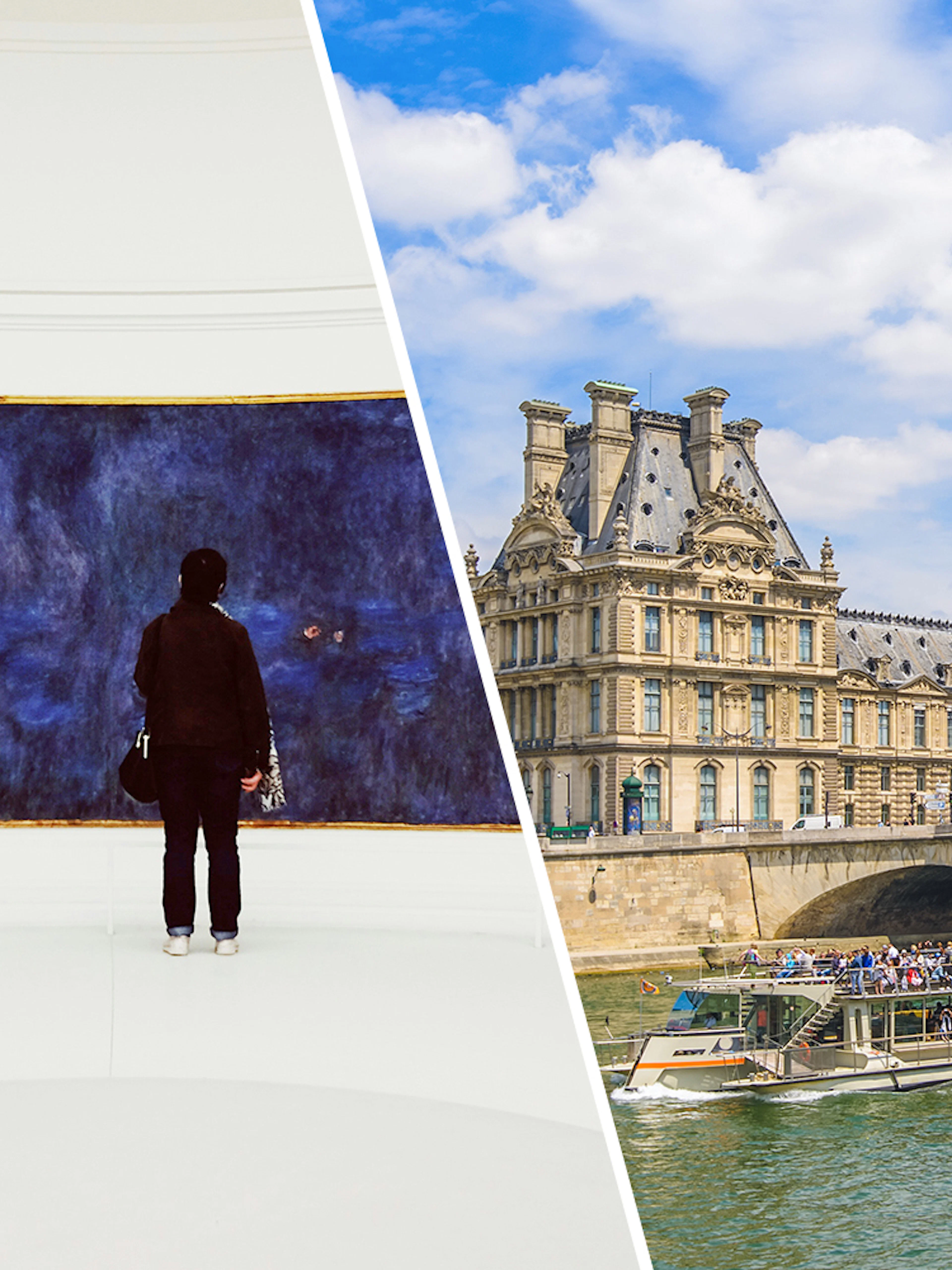 Museum visitor viewing Monet painting; Seine River cruise near Louvre Museum, Paris.