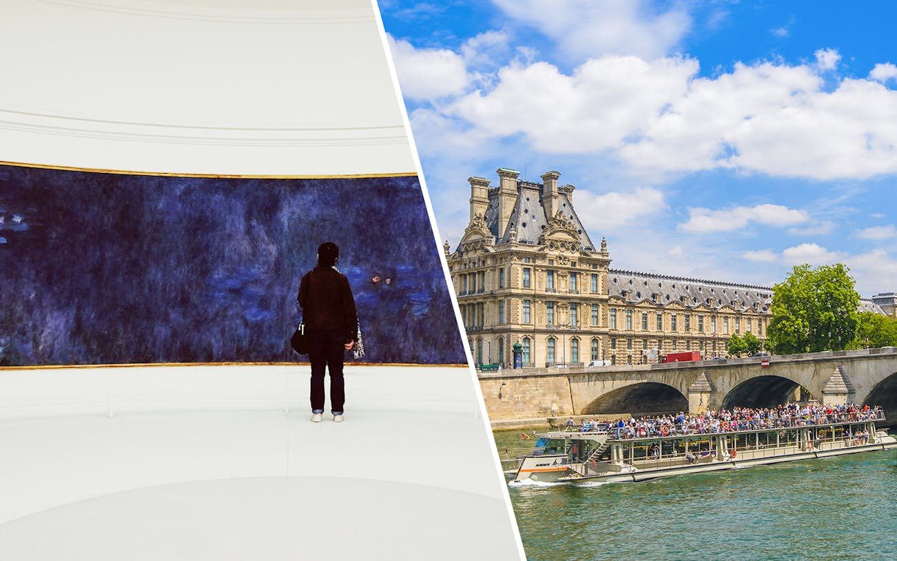 Museum visitor viewing Monet painting; Seine River cruise near Louvre Museum, Paris.
