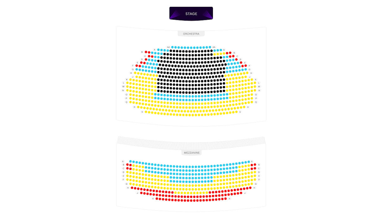 Seating chart for orchestra and mezzanine sections in a theater.