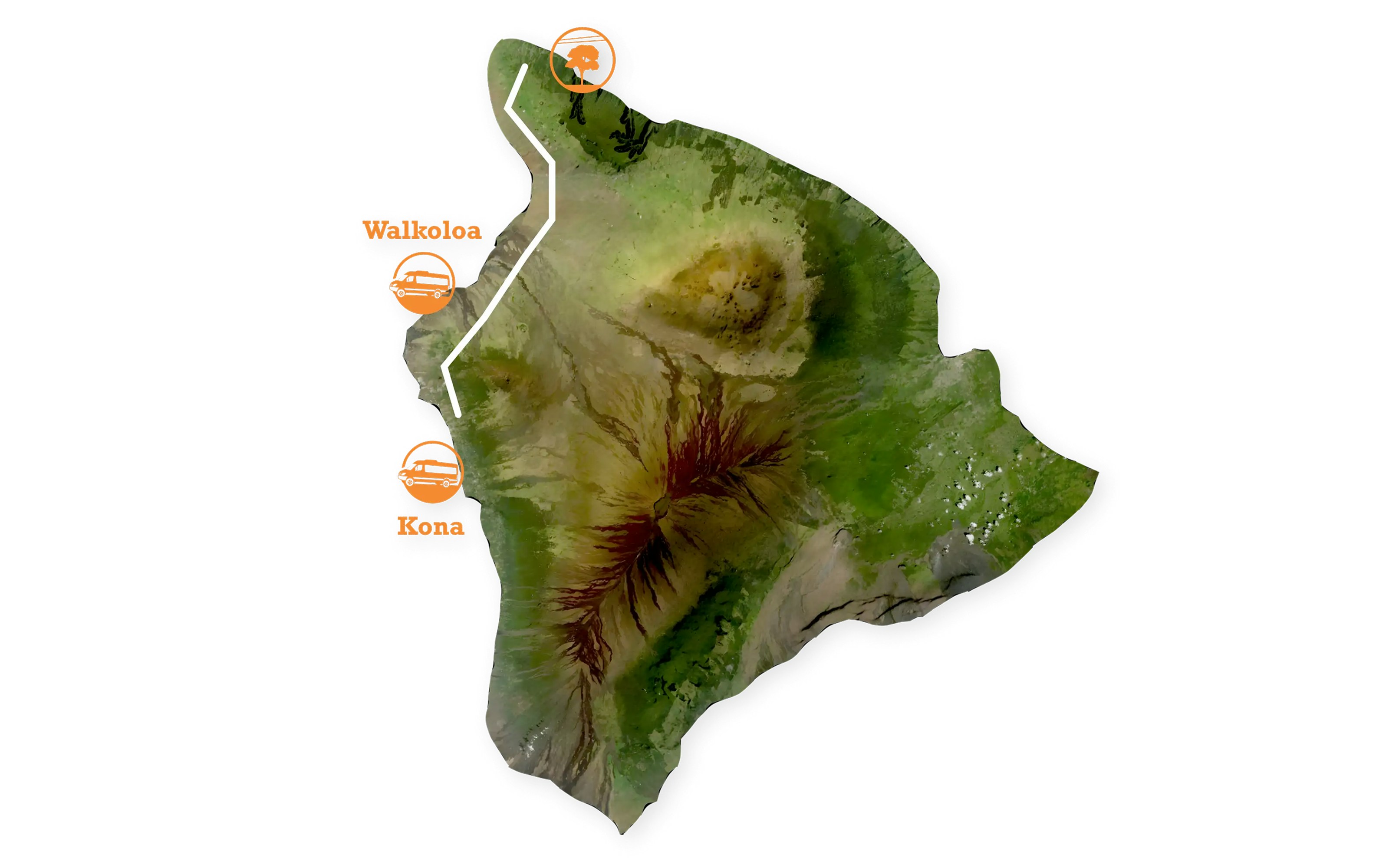 Map of Hawaii Island showing zip and dip adventure route from Kona to Walkoloa.
