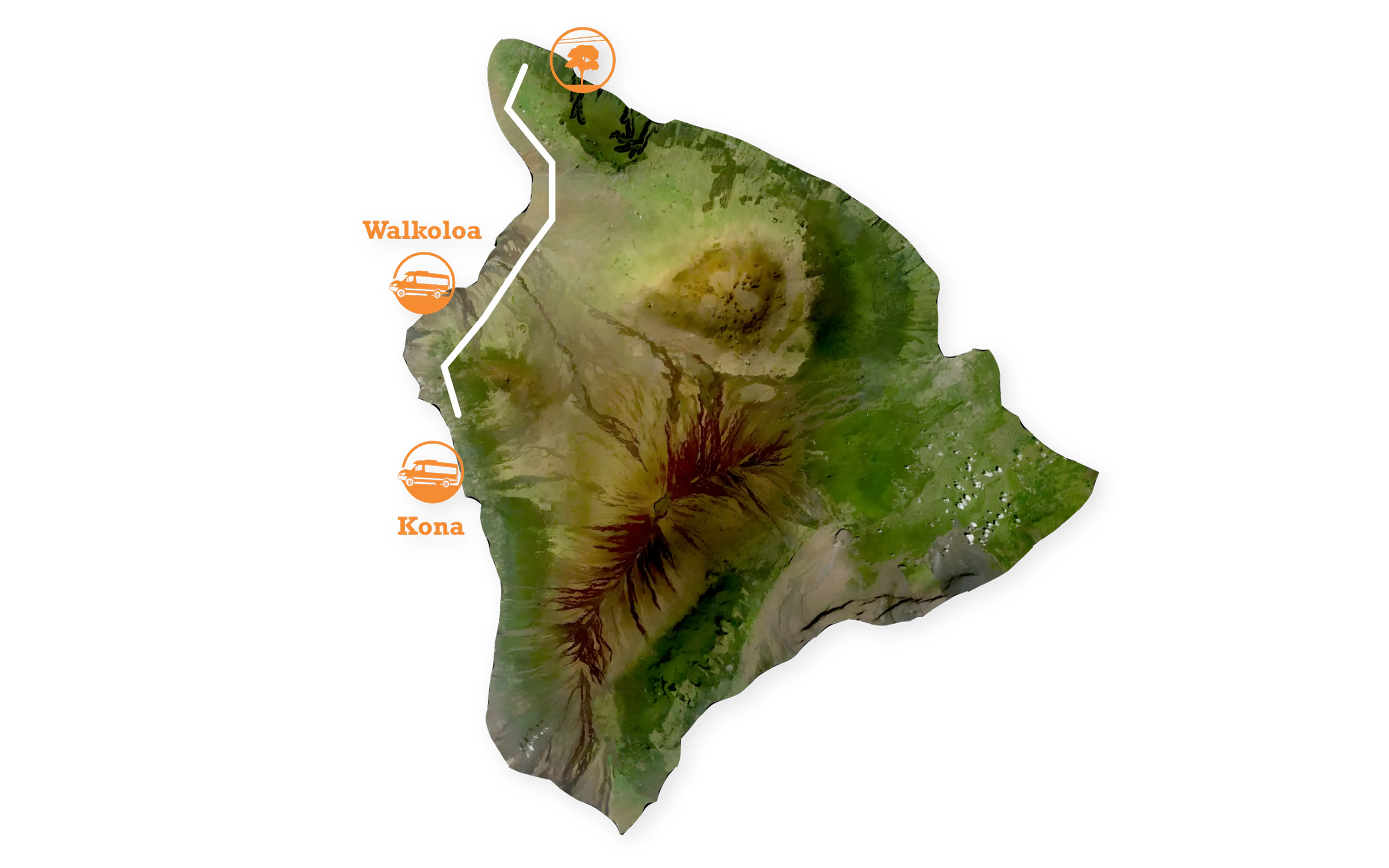 Map of Hawaii Island showing zip and dip adventure route from Kona to Walkoloa.