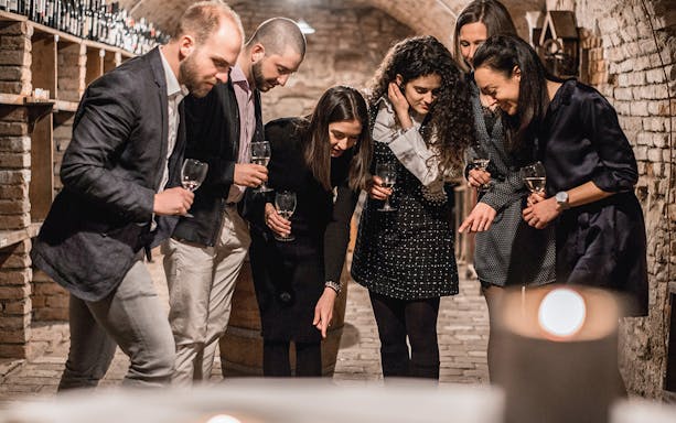 Group enjoying wine tasting in a rustic cellar.