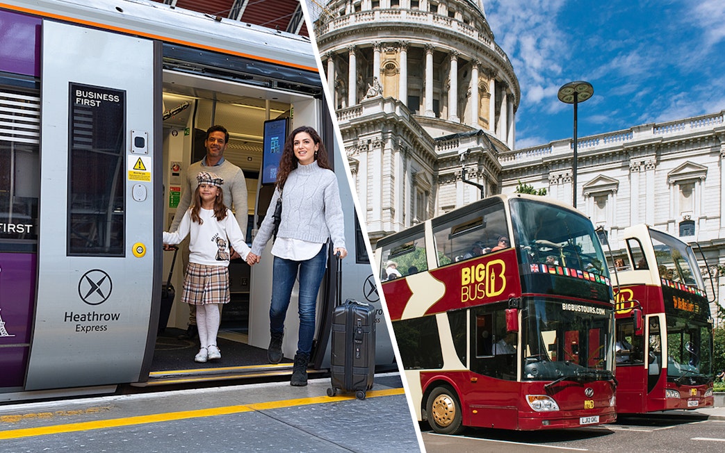 Family exiting Heathrow Express train and Big Bus tour in front of St. Paul's Cathedral, London.