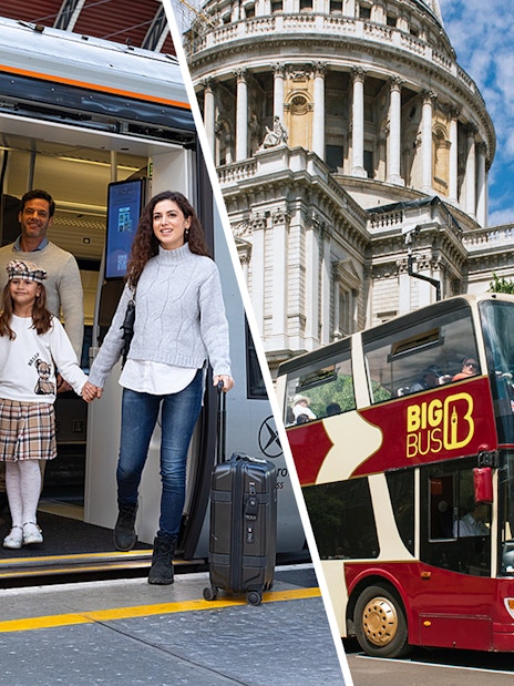 Family exiting Heathrow Express train and Big Bus tour in front of St. Paul's Cathedral, London.