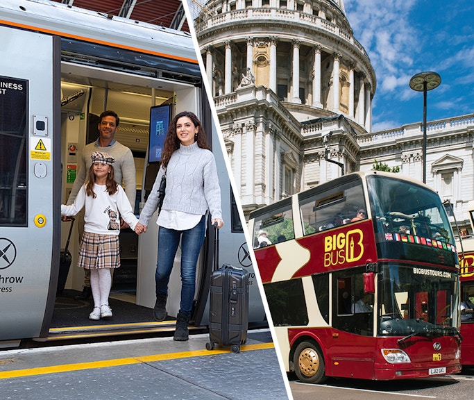 Family exiting Heathrow Express train and Big Bus tour in front of St. Paul's Cathedral, London.
