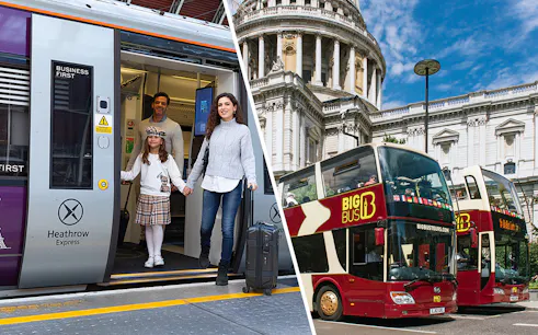 Family exiting Heathrow Express train and Big Bus tour in front of St. Paul's Cathedral, London.