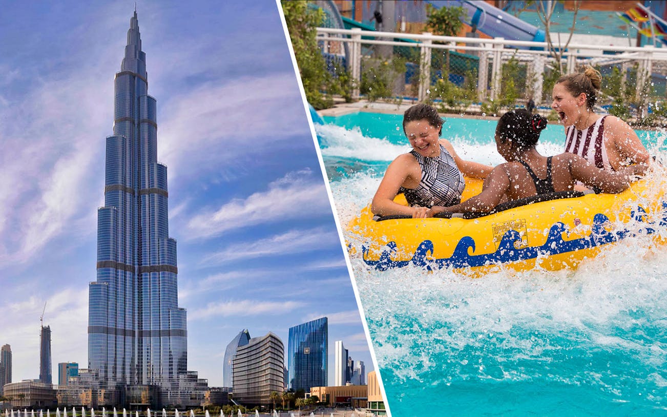 Burj Khalifa view and people enjoying a water ride at Laguna Waterpark, Dubai.