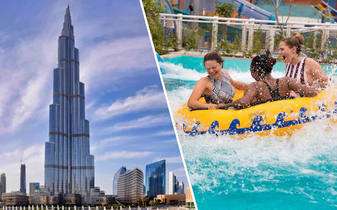 Burj Khalifa view and people enjoying a water ride at Laguna Waterpark, Dubai.
