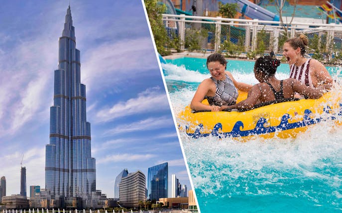 Burj Khalifa view and people enjoying a water ride at Laguna Waterpark, Dubai.
