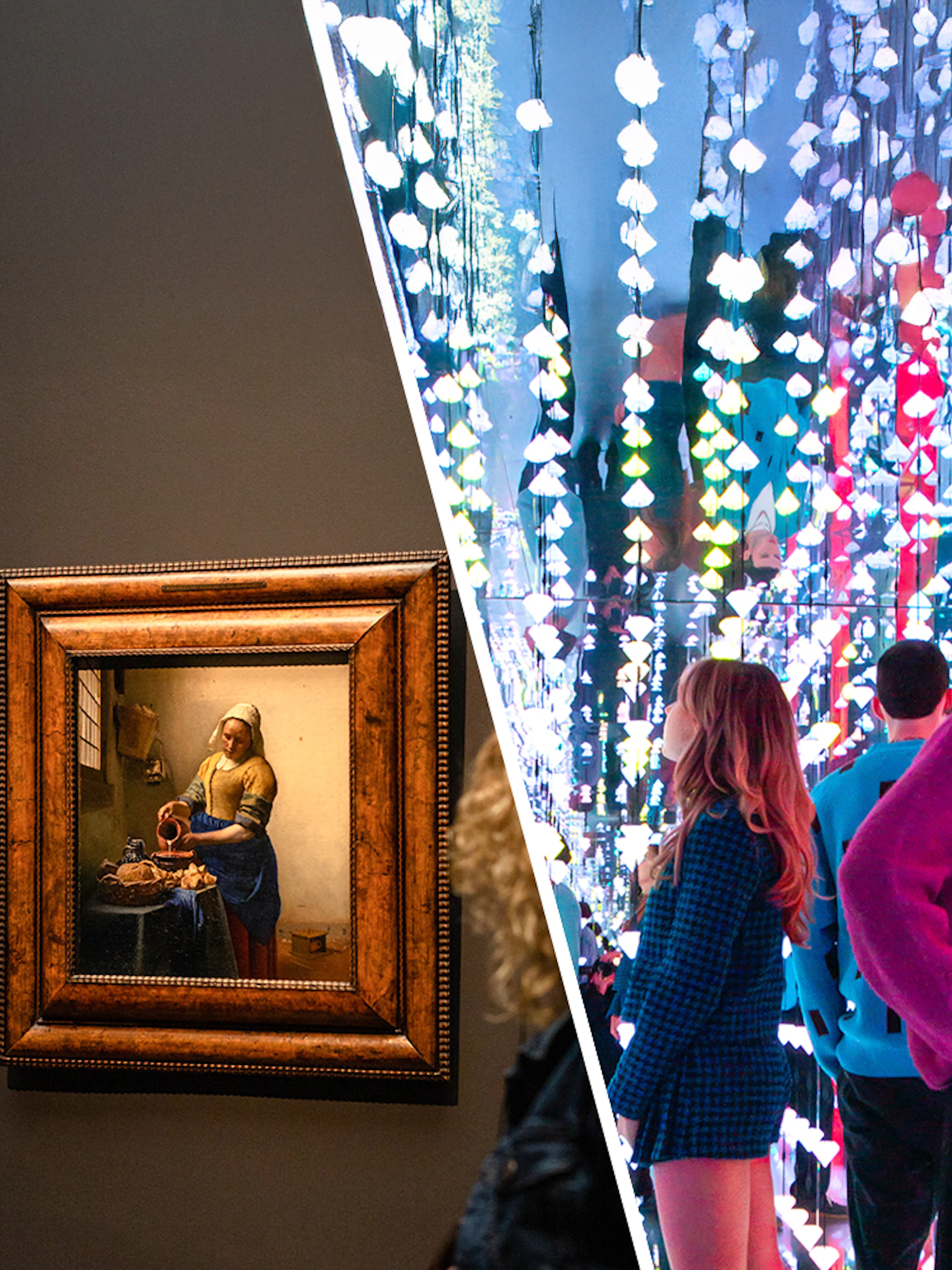 Rijksmuseum painting and Moco Museum light installation in Amsterdam.