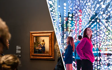Rijksmuseum painting and Moco Museum light installation in Amsterdam.