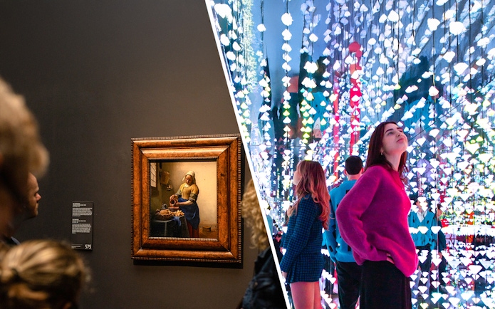 Rijksmuseum painting and Moco Museum light installation in Amsterdam.