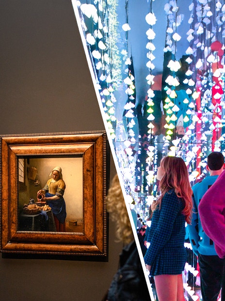 Rijksmuseum painting and Moco Museum light installation in Amsterdam.