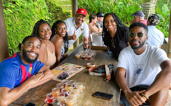 Group enjoying coffee tasting on a private tour in Ubud, Bali.
