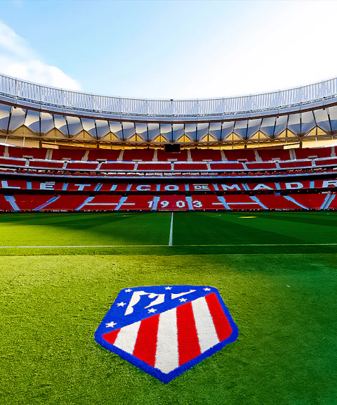 Cívitas Metropolitano Stadium field with Atlético de Madrid logo, Madrid, Spain.