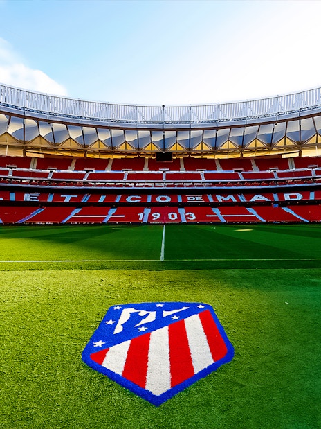 Cívitas Metropolitano Stadium field with Atlético de Madrid logo, Madrid, Spain.