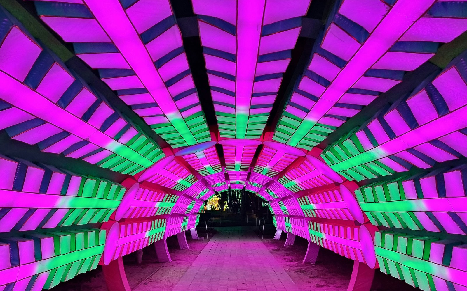 Illuminated tunnel with pink and green lights at Dubai Garden Glow's illusion path.