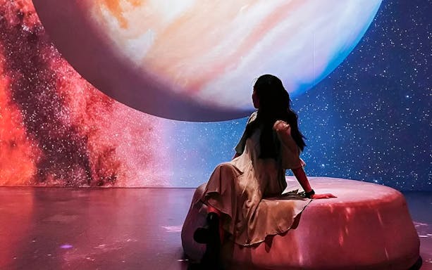 Person gazing at a large moon projection in a space-themed exhibit.