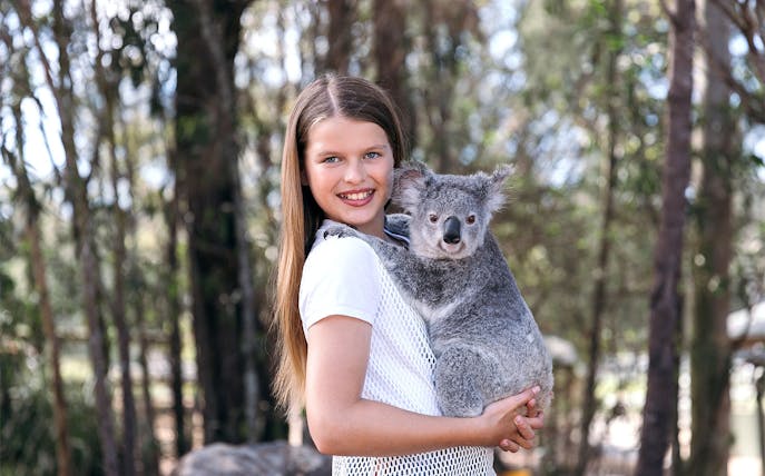 Person holding a koala at Paradise Country, Australia.